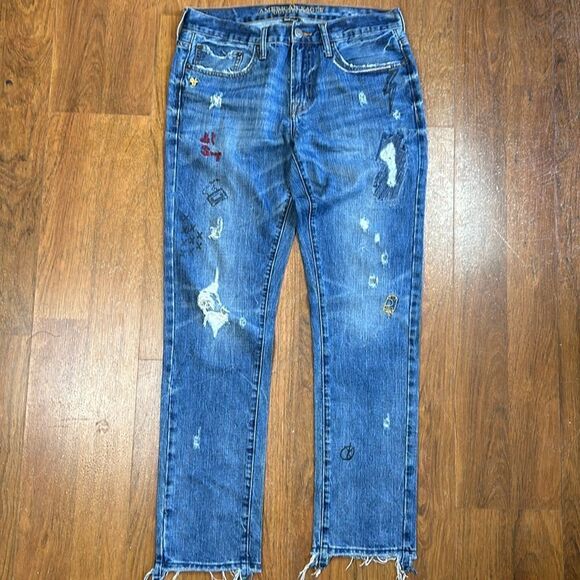 AEO Distressed Embroidered Graffiti Raw Hem Skinny Jeans in Sz: 32 32 - Picture 6 of 9